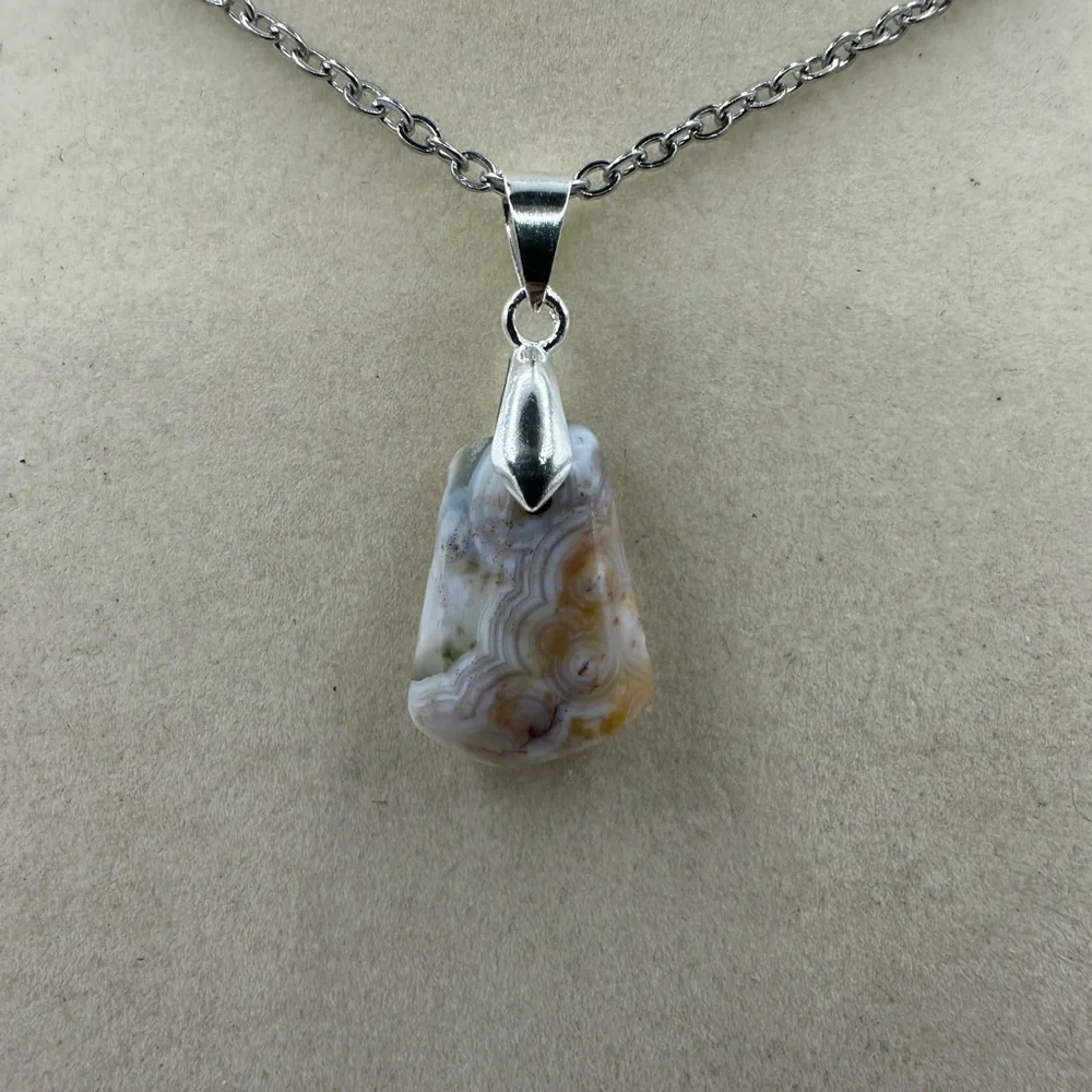 Ocean Jasper Pendant Necklace on Silver Stainless Steel Chain - Picture 3 of 6